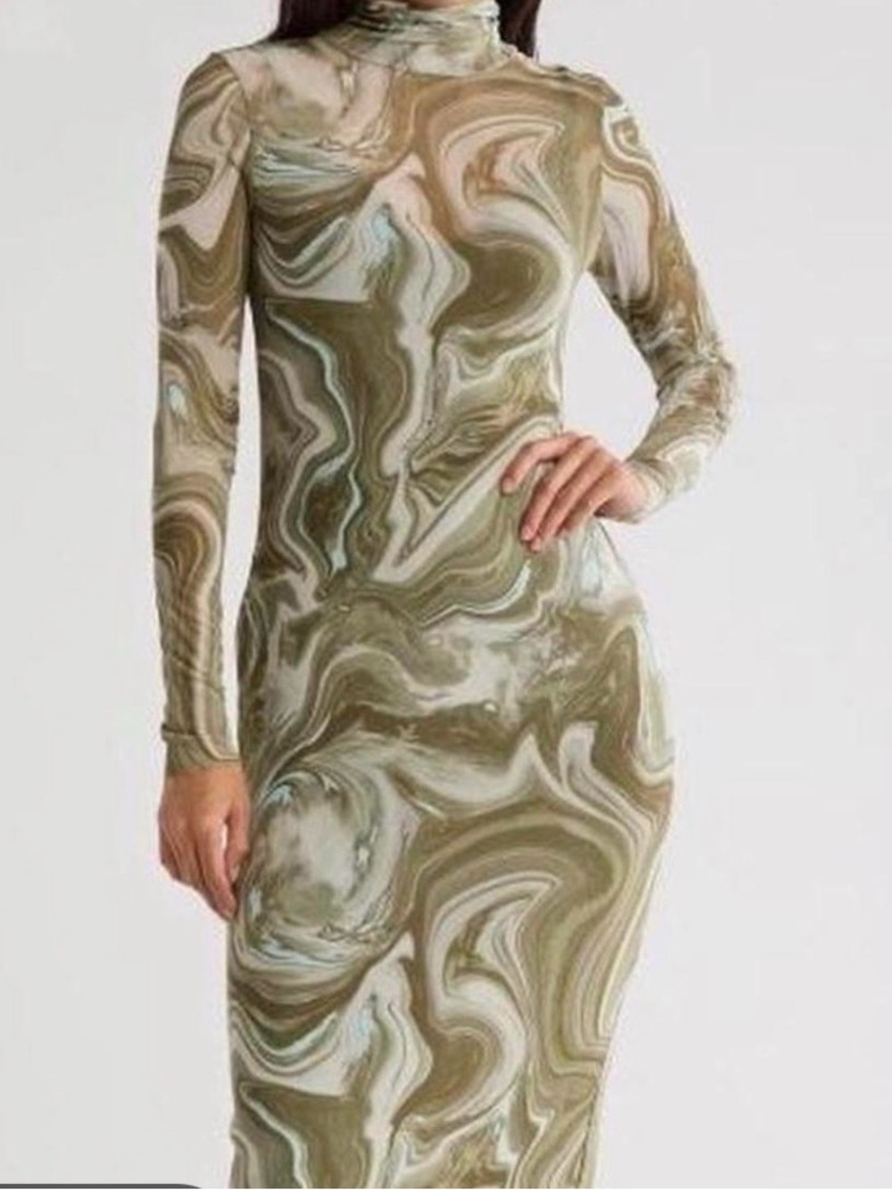 Olive Marble-Print Long Sleeve Midi Dress